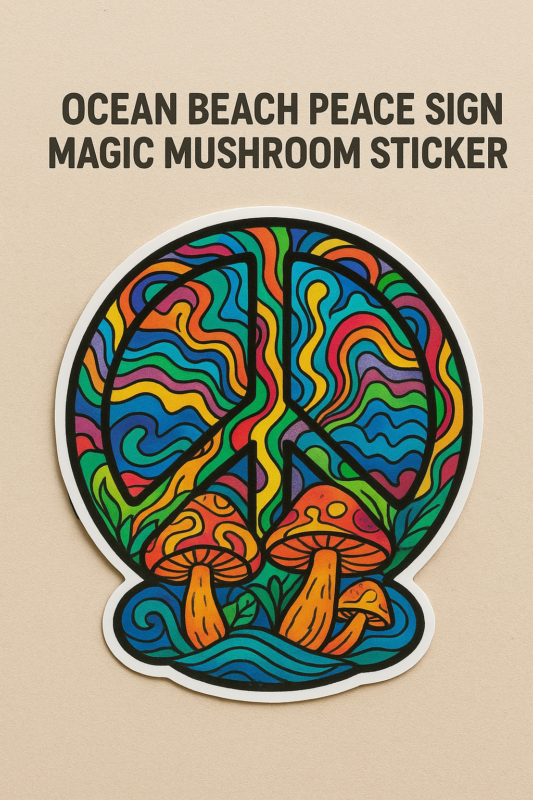 OCEAN BEACH PEACE SIGN MAGIC MUSHROOM STICKER